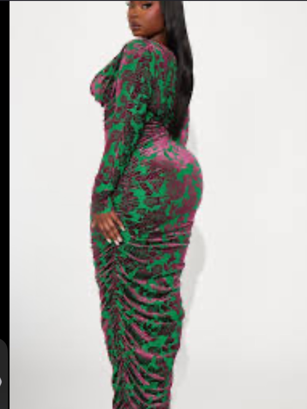 Fashion Nova Green & Pink Floral Ruched Mesh Maxi Dress - Picture 2 of 5